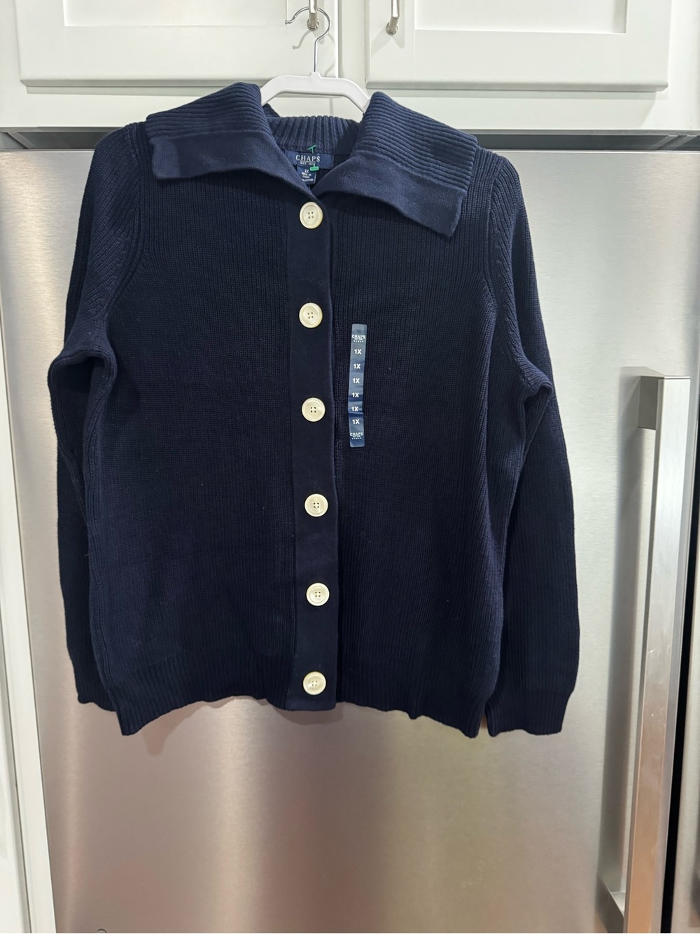 Chaps Women's Navy Button-Front Collared Cardigan